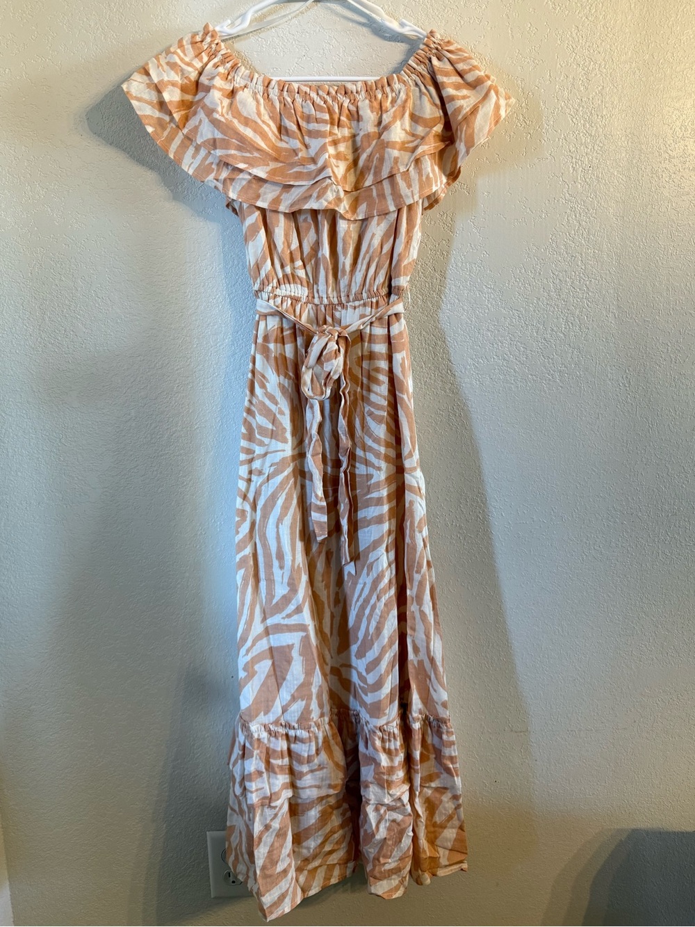 NWT Peach Zebra Print Off Shoulder Midi Dress Small Boho Cottagecore